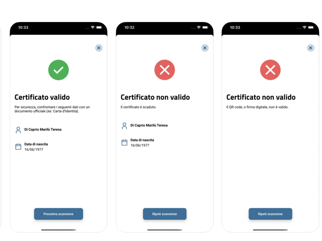 Schermate con i risultati del controllo del Green Pass, tramite l'app Verifica C19